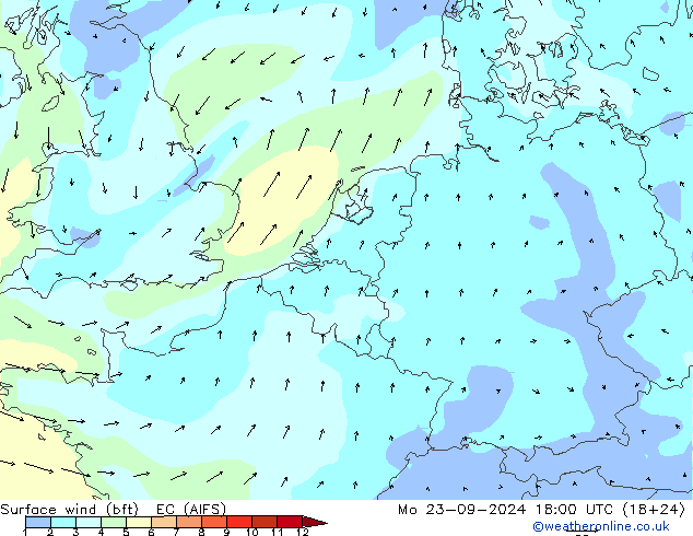 Surface wind (bft) EC (AIFS) Mo 23.09.2024 18 UTC