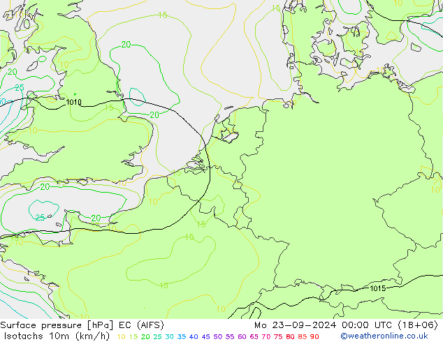 Izotacha (km/godz) EC (AIFS) pon. 23.09.2024 00 UTC