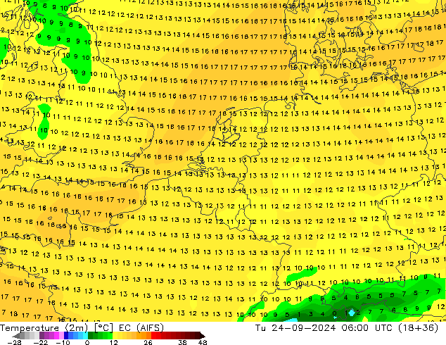 température (2m) EC (AIFS) mar 24.09.2024 06 UTC