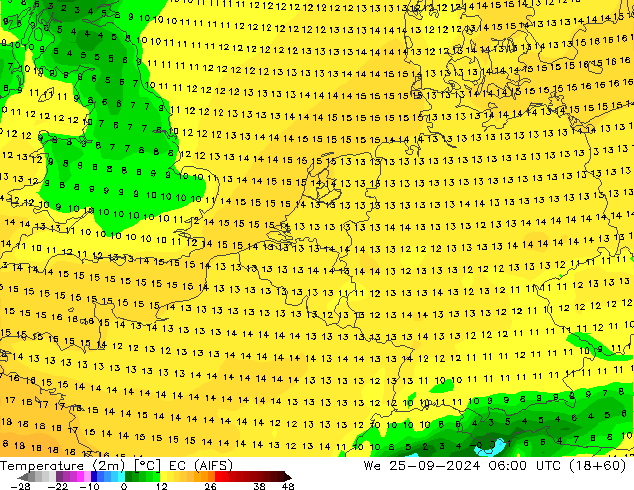 Temperatura (2m) EC (AIFS) mer 25.09.2024 06 UTC