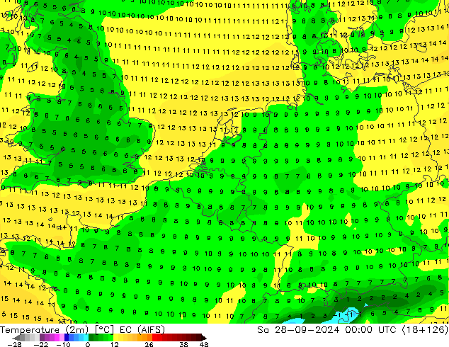 Temperature (2m) EC (AIFS) Sa 28.09.2024 00 UTC