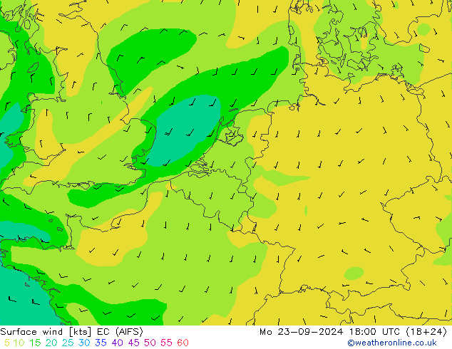 Viento 10 m EC (AIFS) lun 23.09.2024 18 UTC