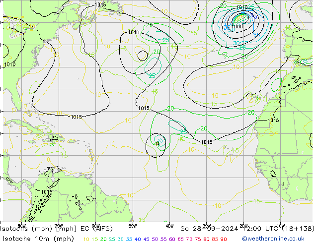 Isotachs (mph) EC (AIFS) sam 28.09.2024 12 UTC