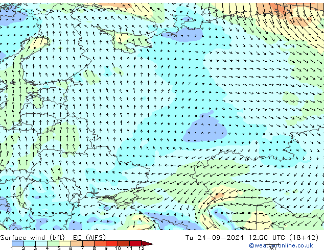 Vent 10 m (bft) EC (AIFS) mar 24.09.2024 12 UTC