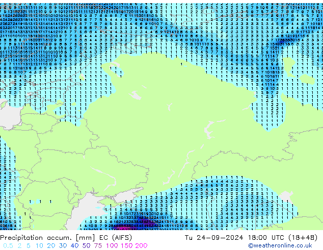 Precipitation accum. EC (AIFS) Tu 24.09.2024 18 UTC