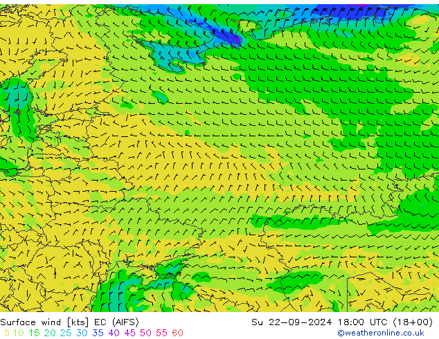 Vento 10 m EC (AIFS) dom 22.09.2024 18 UTC
