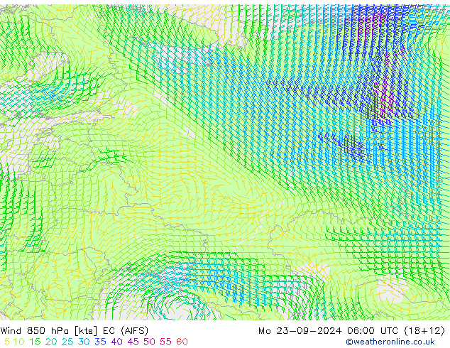 Wind 850 hPa EC (AIFS) Po 23.09.2024 06 UTC