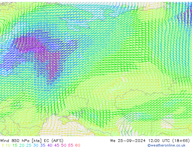 Wind 850 hPa EC (AIFS) We 25.09.2024 12 UTC