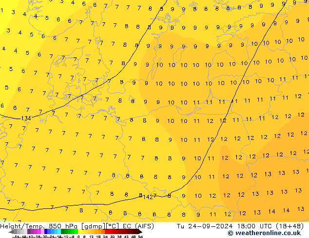 Height/Temp. 850 hPa EC (AIFS) wto. 24.09.2024 18 UTC