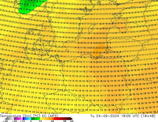 Temperature (2m) EC (AIFS) Tu 24.09.2024 18 UTC