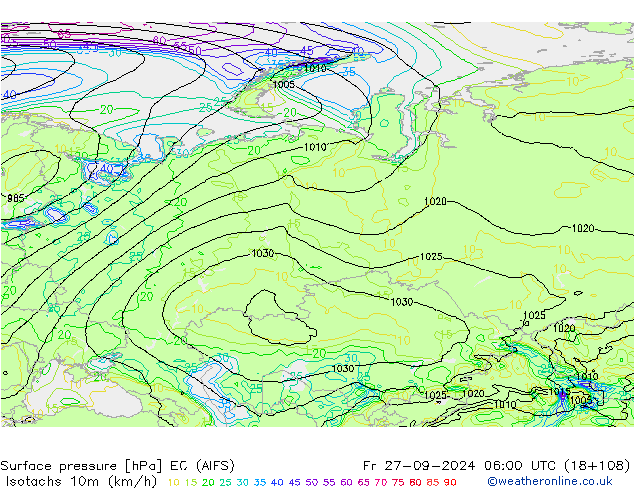 Isotachen (km/h) EC (AIFS) vr 27.09.2024 06 UTC