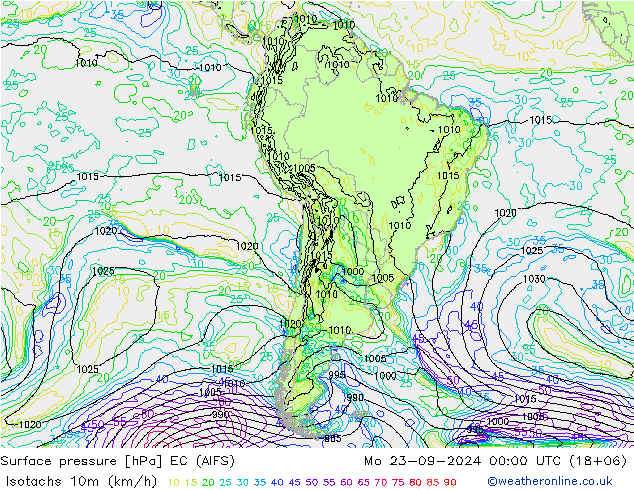 Isotachs (kph) EC (AIFS) Mo 23.09.2024 00 UTC