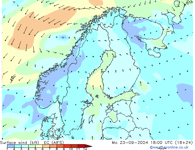 Bodenwind (bft) EC (AIFS) Mo 23.09.2024 18 UTC