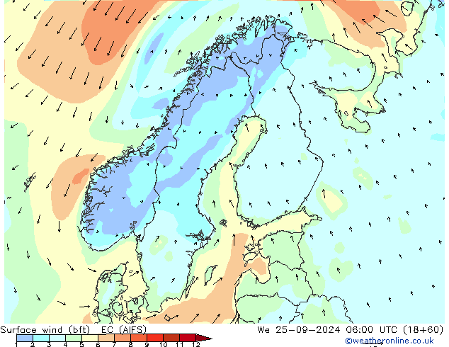 Viento 10 m (bft) EC (AIFS) mié 25.09.2024 06 UTC