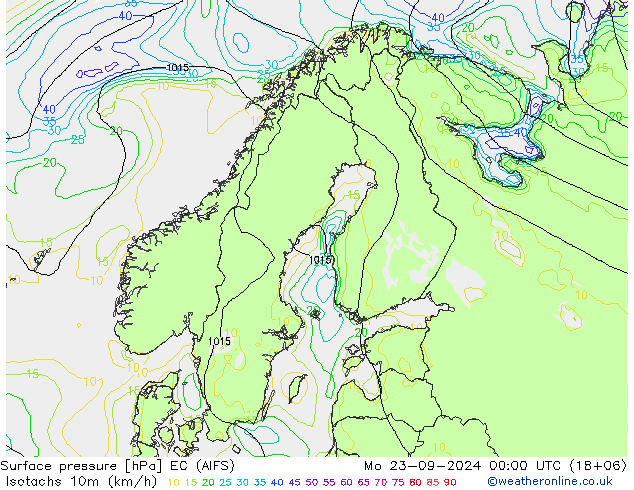 Isotachen (km/h) EC (AIFS) ma 23.09.2024 00 UTC