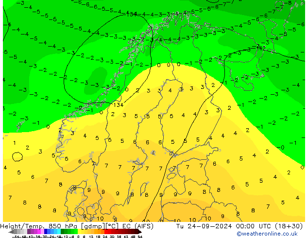 Height/Temp. 850 hPa EC (AIFS) wto. 24.09.2024 00 UTC