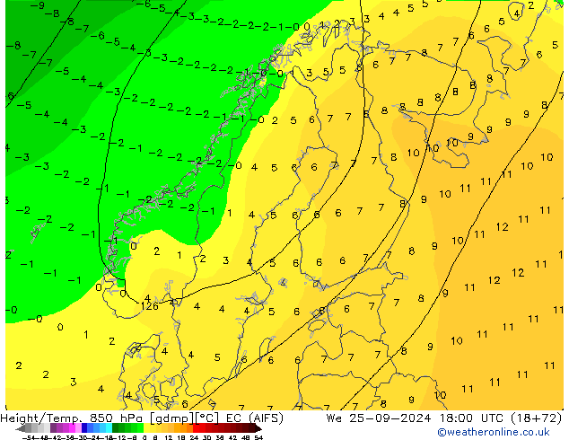 Height/Temp. 850 hPa EC (AIFS) We 25.09.2024 18 UTC