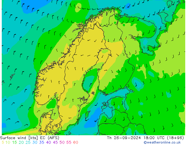 Vento 10 m EC (AIFS) Qui 26.09.2024 18 UTC