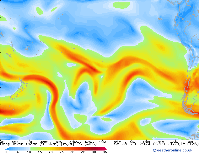 Deep layer shear (0-6km) EC (AIFS) сб 28.09.2024 00 UTC