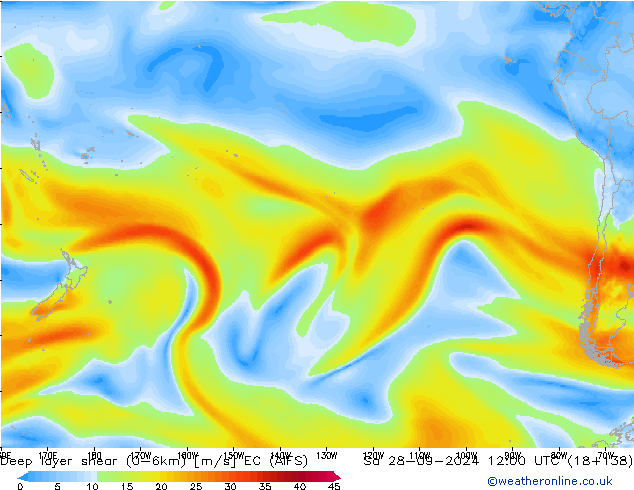 Deep layer shear (0-6km) EC (AIFS) za 28.09.2024 12 UTC