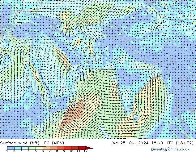 Surface wind (bft) EC (AIFS) We 25.09.2024 18 UTC