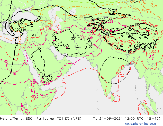 Hoogte/Temp. 850 hPa EC (AIFS) di 24.09.2024 12 UTC