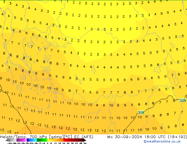 Hoogte/Temp. 700 hPa EC (AIFS) ma 30.09.2024 18 UTC