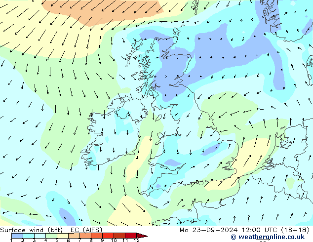 wiatr 10 m (bft) EC (AIFS) pon. 23.09.2024 12 UTC