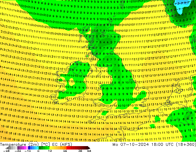 mapa temperatury (2m) EC (AIFS) pon. 07.10.2024 18 UTC