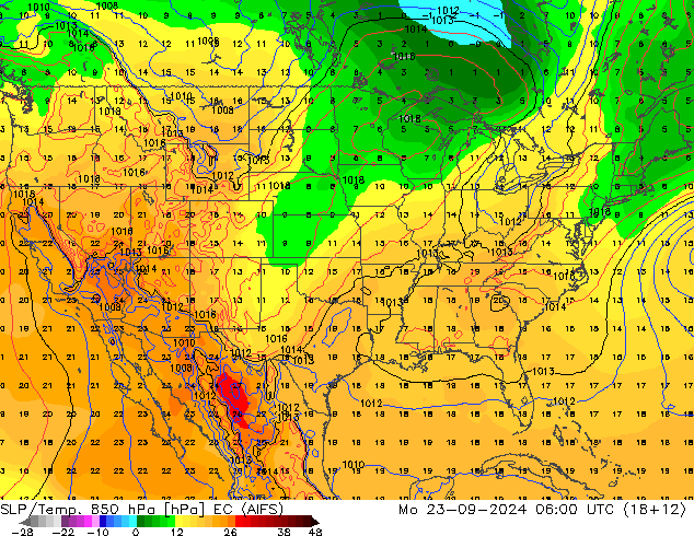 SLP/Temp. 850 hPa EC (AIFS) pon. 23.09.2024 06 UTC