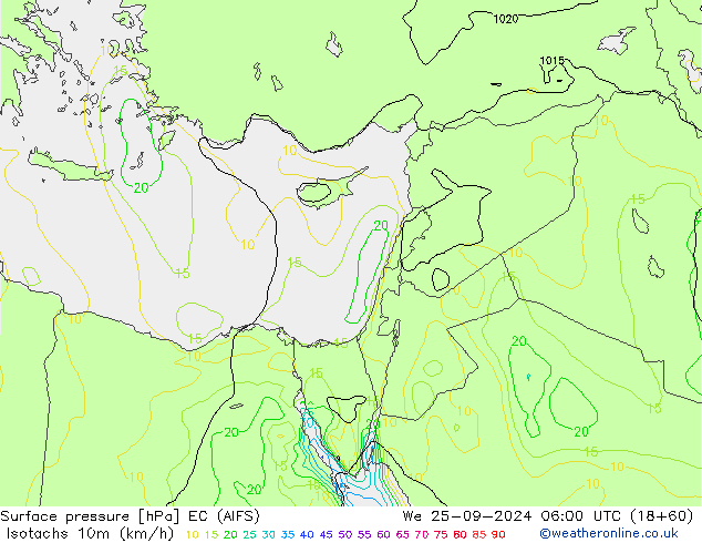 Isotachs (kph) EC (AIFS) We 25.09.2024 06 UTC