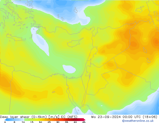 Deep layer shear (0-6km) EC (AIFS) Po 23.09.2024 00 UTC