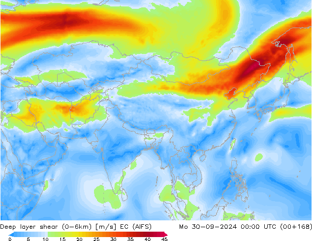 Deep layer shear (0-6km) EC (AIFS) Pzt 30.09.2024 00 UTC