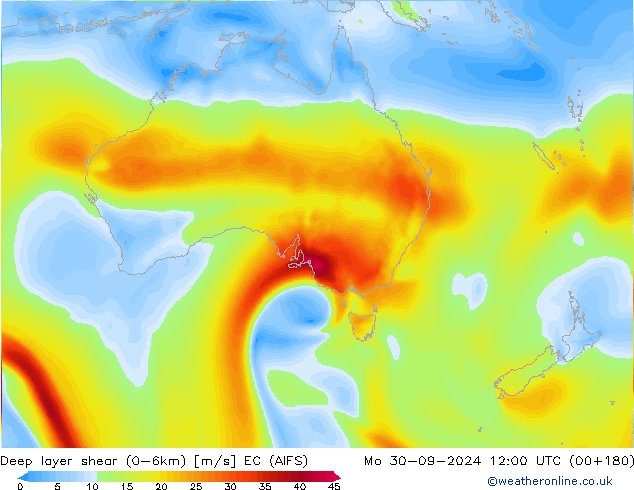 Deep layer shear (0-6km) EC (AIFS) ma 30.09.2024 12 UTC