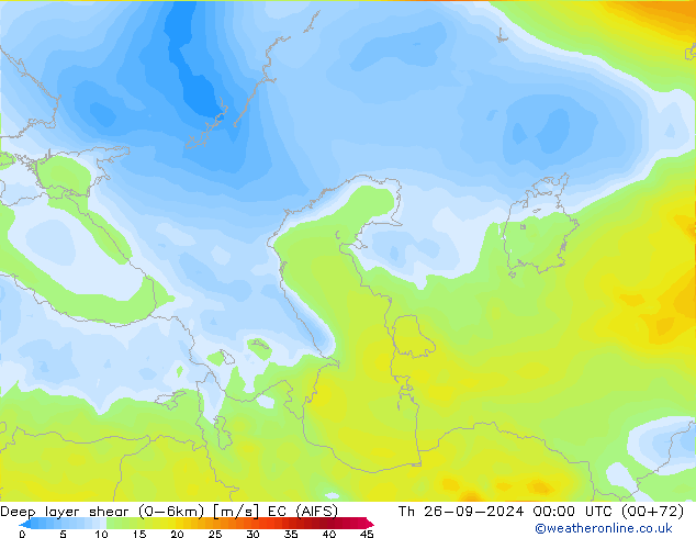 Deep layer shear (0-6km) EC (AIFS) do 26.09.2024 00 UTC