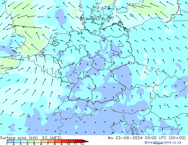 Vento 10 m (bft) EC (AIFS) Seg 23.09.2024 00 UTC