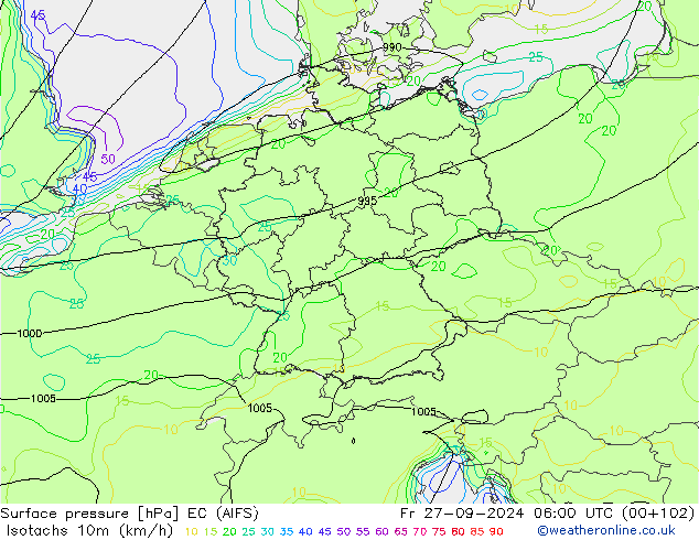 Isotachs (kph) EC (AIFS) Pá 27.09.2024 06 UTC