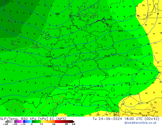 SLP/Temp. 850 hPa EC (AIFS) wto. 24.09.2024 18 UTC