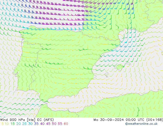 Wind 900 hPa EC (AIFS) Mo 30.09.2024 00 UTC