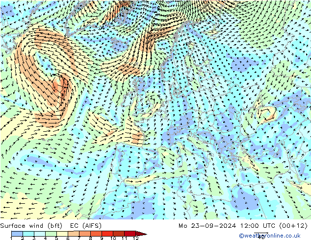 Surface wind (bft) EC (AIFS) Mo 23.09.2024 12 UTC