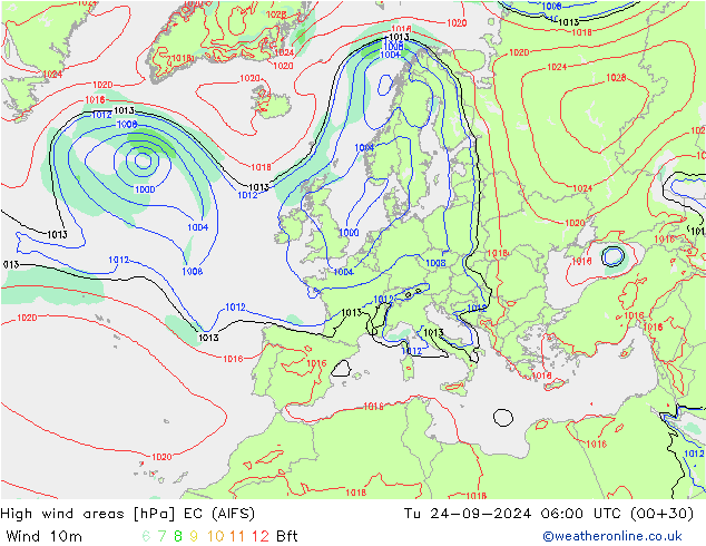 High wind areas EC (AIFS) Tu 24.09.2024 06 UTC