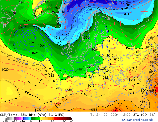 SLP/Temp. 850 hPa EC (AIFS) mar 24.09.2024 12 UTC