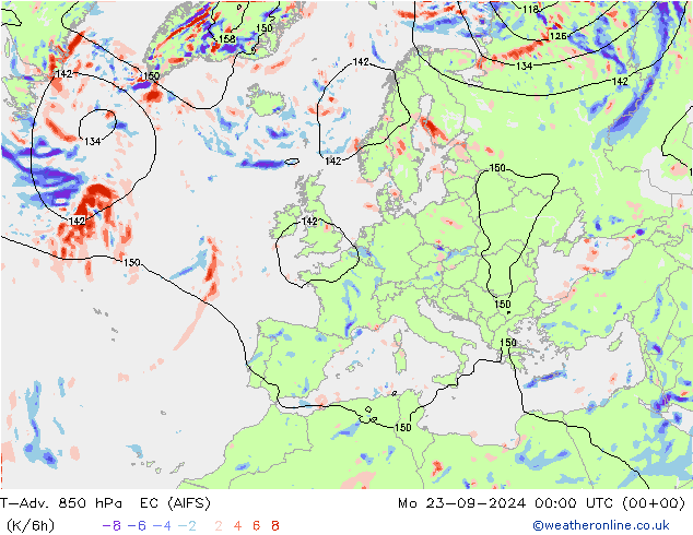 T-Adv. 850 hPa EC (AIFS) lun 23.09.2024 00 UTC