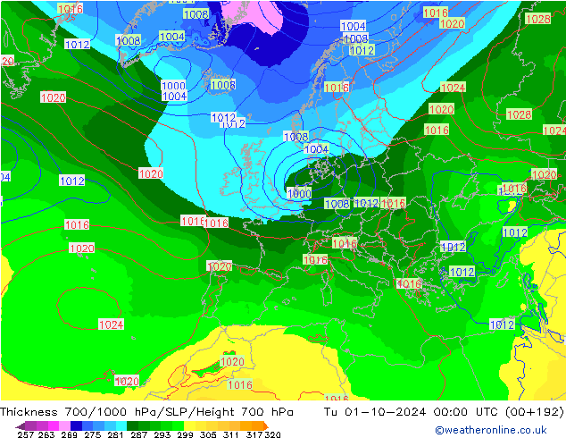 Schichtdicke 700-1000 hPa EC (AIFS) Di 01.10.2024 00 UTC