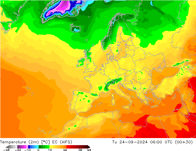 Temperature (2m) EC (AIFS) Tu 24.09.2024 06 UTC