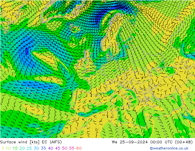 Surface wind EC (AIFS) We 25.09.2024 00 UTC