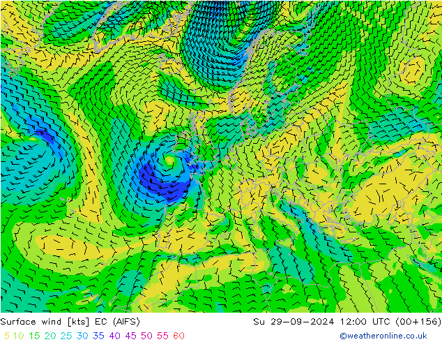 Vento 10 m EC (AIFS) dom 29.09.2024 12 UTC