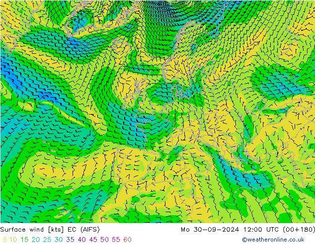 Vento 10 m EC (AIFS) lun 30.09.2024 12 UTC