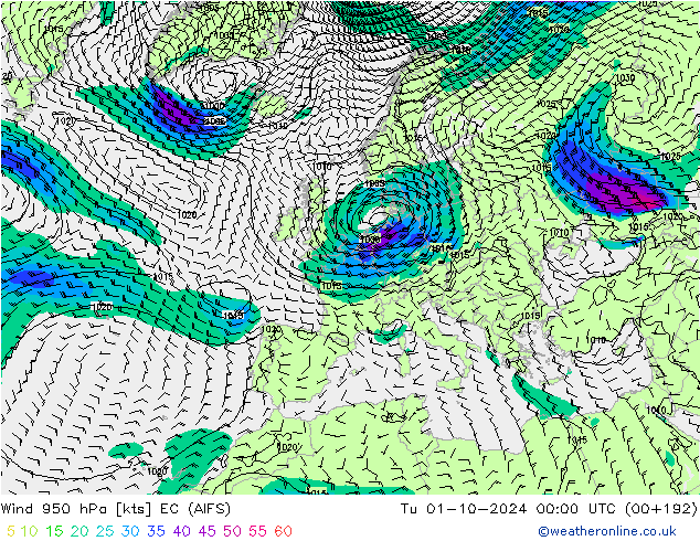 Wind 950 hPa EC (AIFS) Di 01.10.2024 00 UTC