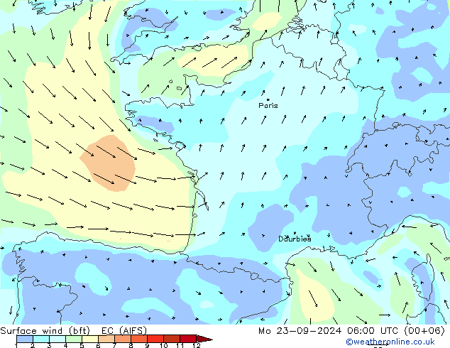 Surface wind (bft) EC (AIFS) Mo 23.09.2024 06 UTC